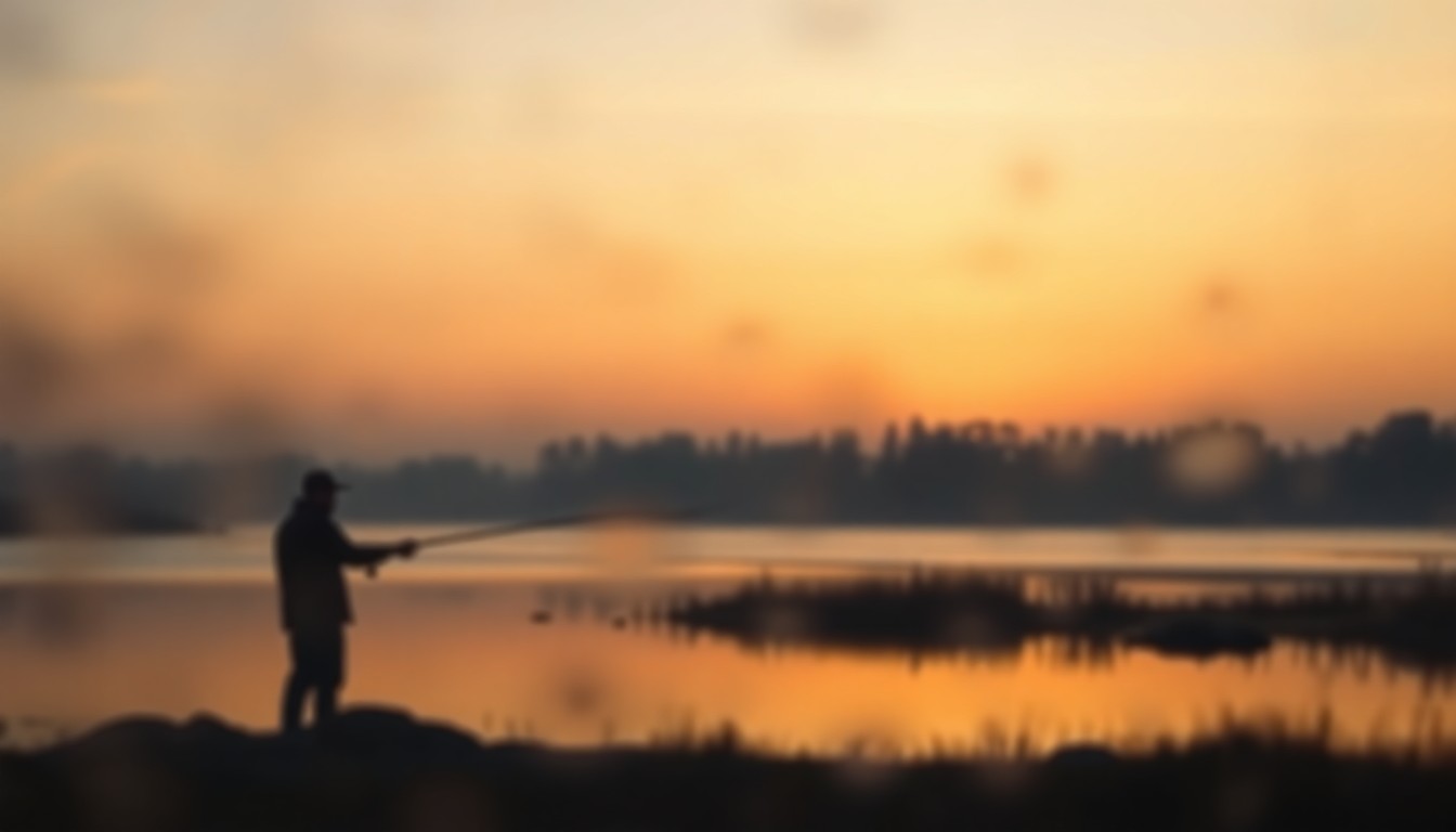 An abstract, impressionistic photograph of a serene lake scene, with a blurred fisherman casting a line into the water, surrounded by soft, warm pools of light and color, conveying the tranquil and atmospheric mood of spring fishing in Kansas.