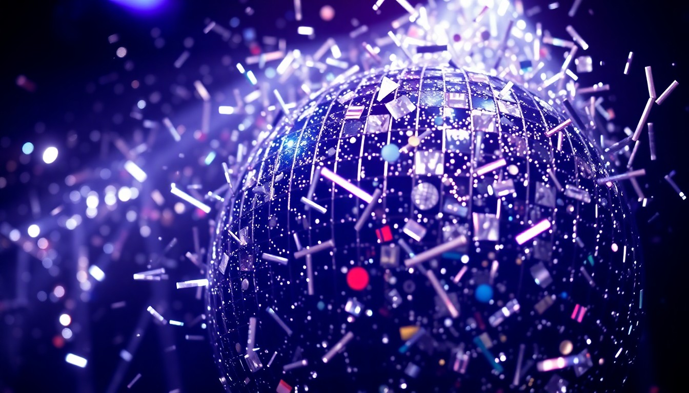 An extreme close-up of shimmering, reflective disco ball shards in dramatic, high-contrast studio lighting, conveying the energy and anticipation of a nightclub reopening.