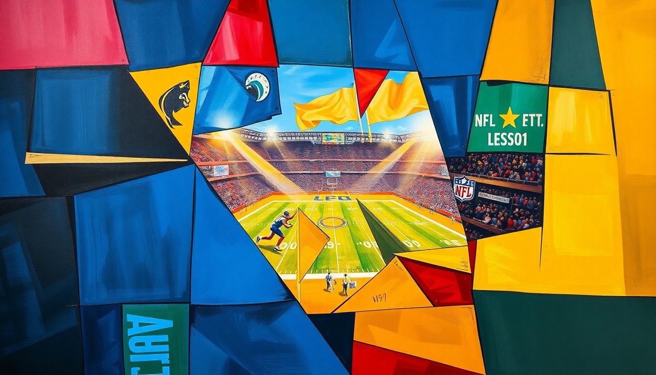 A fragmented, cubist-style painting depicting a football game or NFL Draft scene, with sharp geometric shapes and planes in vibrant blue, gold, and red colors, creating a dynamic and energetic visual representation of the Rams' strategic approach to the upcoming draft.