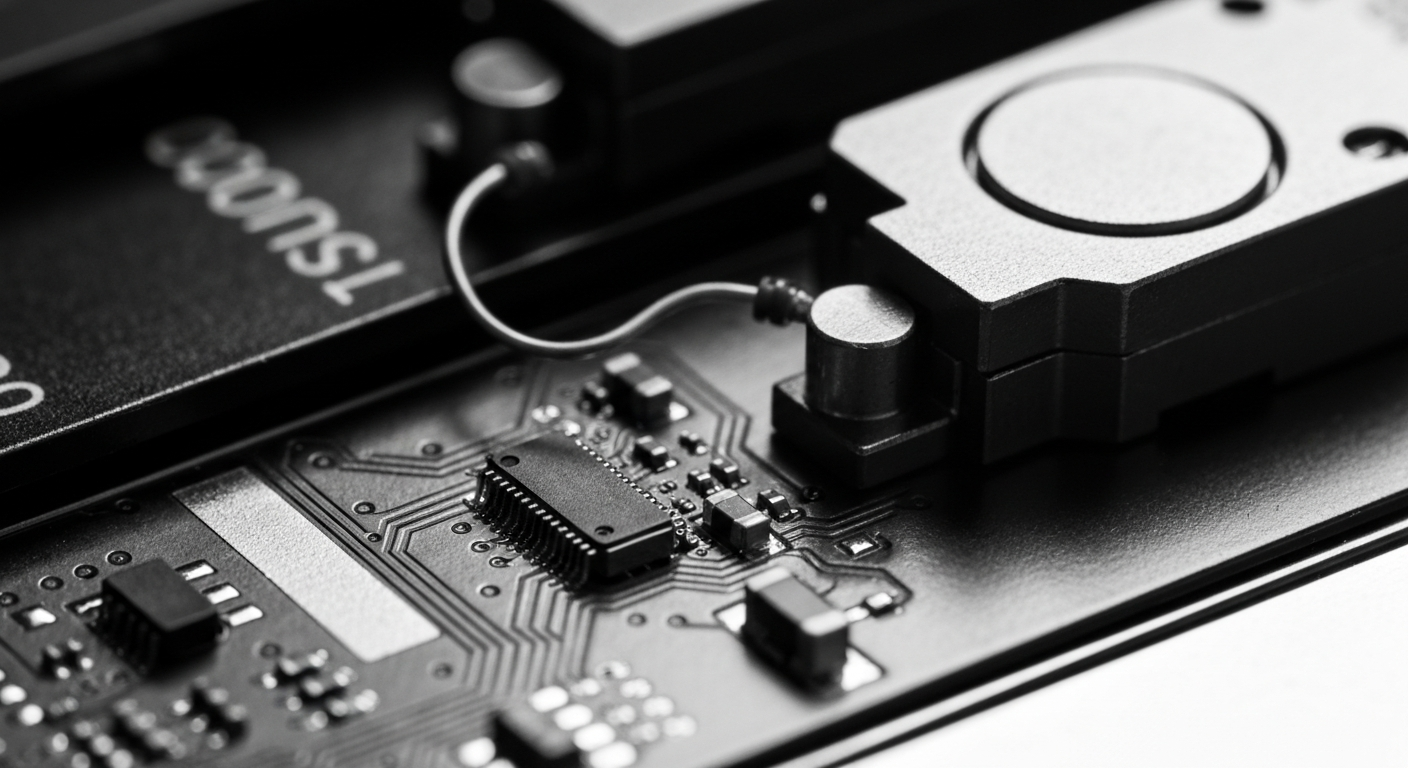 A high-contrast black and white macro photograph of complex optical networking components, conveying the technical complexity and importance of AOI's products.
