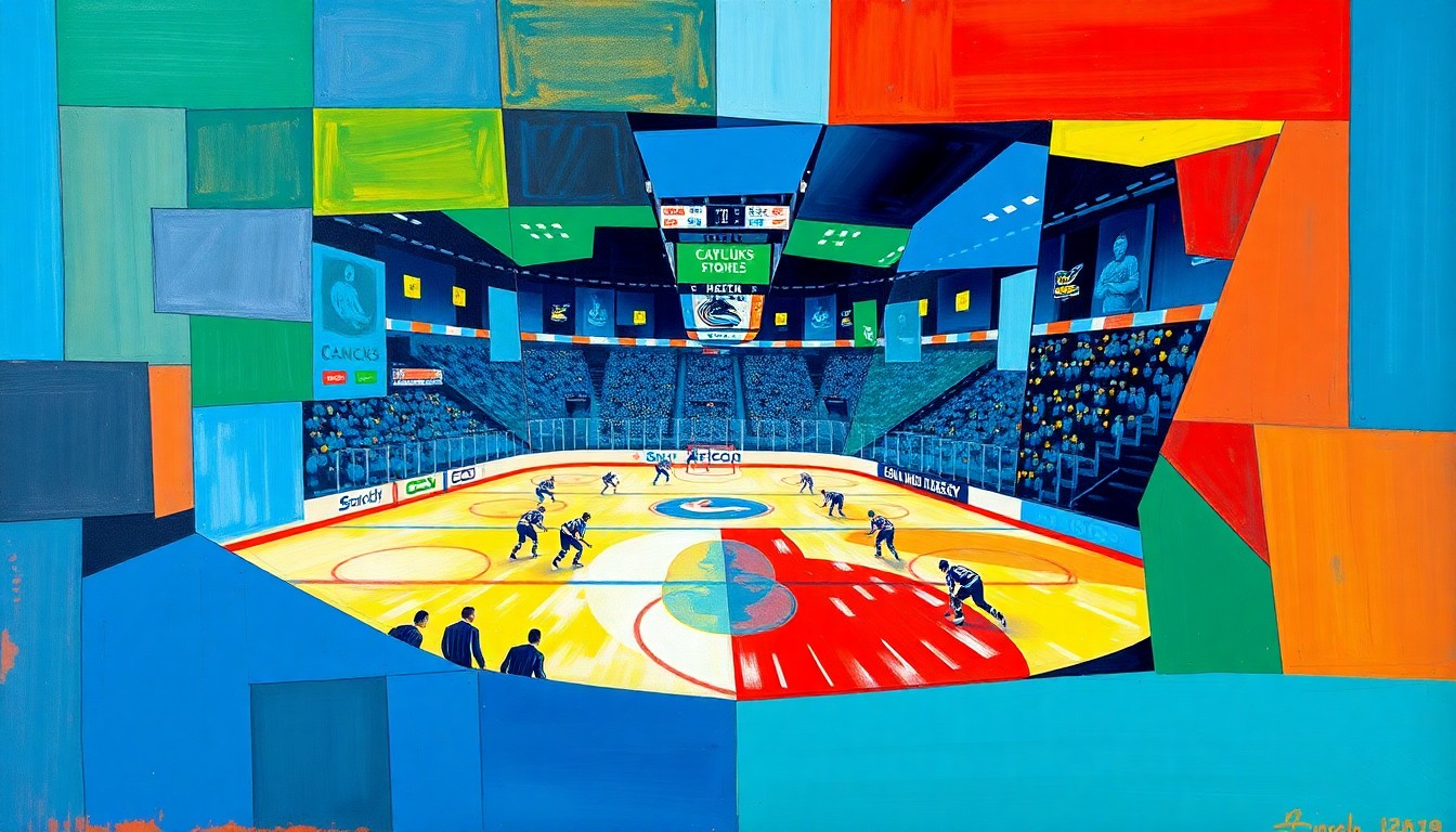 A fragmented, cubist-style painting depicting a Canucks hockey game, with sharp geometric shapes in the team's colors of blue, green, and red, conveying the intensity and competitive nature of their recent performances.