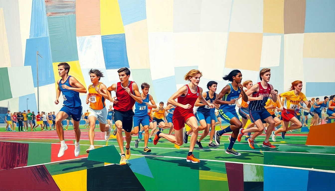 A fragmented, geometric painting depicting the dynamic movements and energy of a high school track and field competition, with overlapping planes of color representing the athletes and their uniforms.