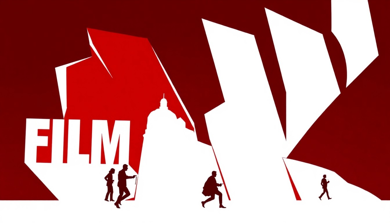 An abstract, minimalist illustration featuring bold, jagged geometric shapes in striking red and white, conceptually representing the diverse range of international films and cultural themes at the FilmFest DC festival.