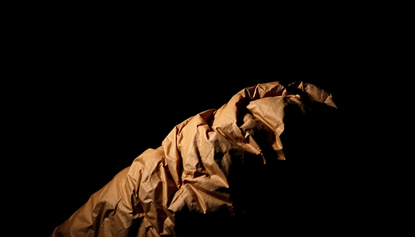 An extreme close-up photograph of a worn, weathered sleeping bag against a pitch-black background, lit by a harsh, direct camera flash, conceptually representing the plight of the unhoused.