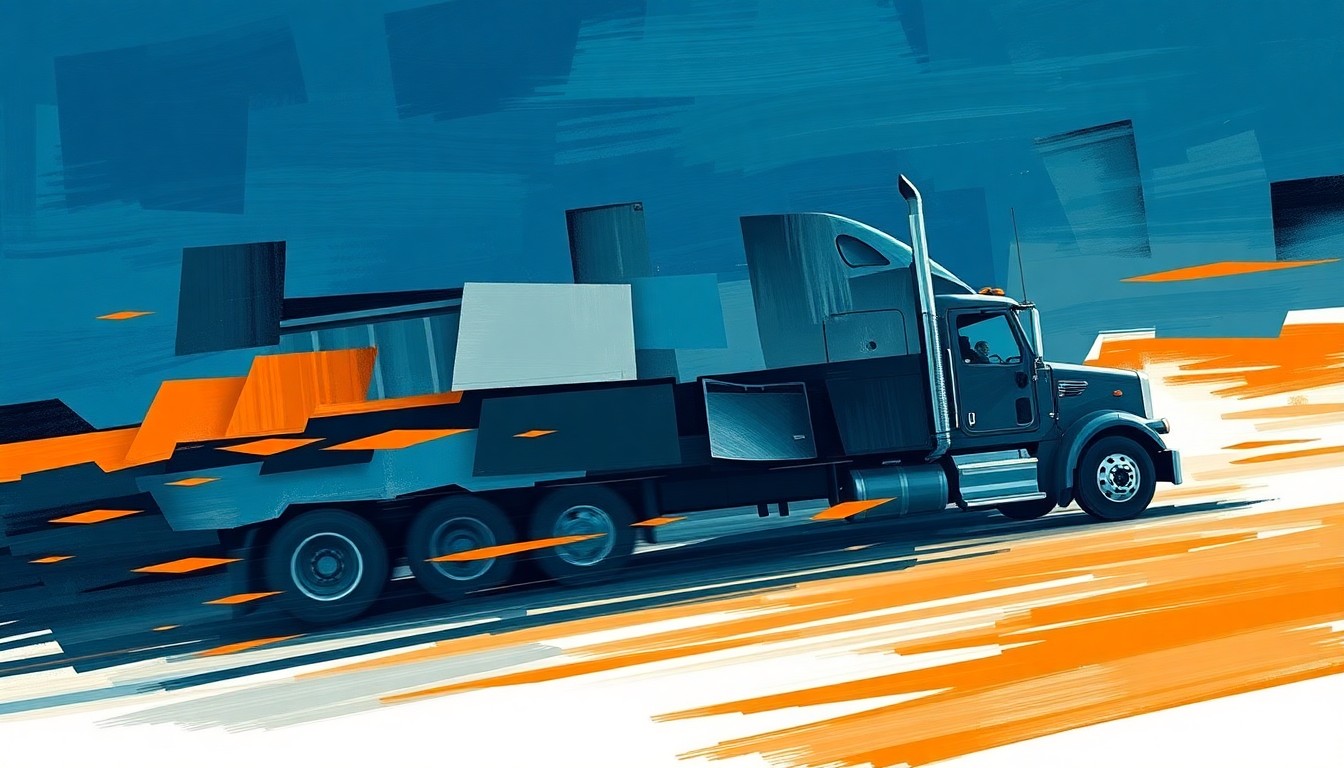 An abstract, fragmented painting of a speeding semi-truck in bold, overlapping geometric shapes and colors, conveying the momentum and disruption of the federal crackdown on illegal commercial trucking licenses.