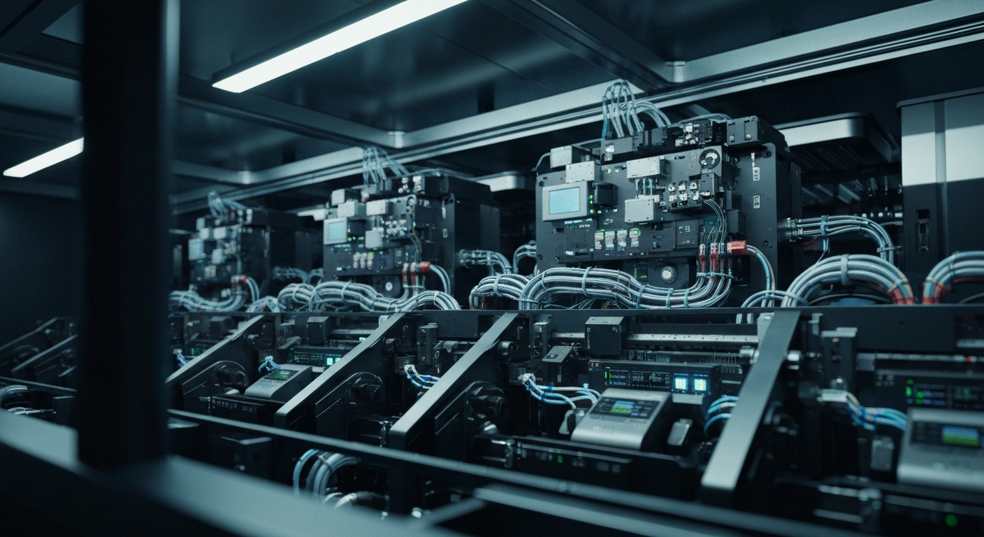 A cinematic, high-contrast close-up of the inner workings of a data center, with a focus on the intricate machinery and components that enable Datavault AI's data management platforms, conveying a sense of technological complexity and industrial scale.
