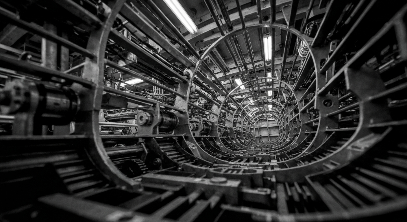 A high-contrast, black and white close-up image of the intricate gears, levers, and machinery that make up the inner workings of a modern banking system, conveying a sense of the scale and complexity of the global financial industry.