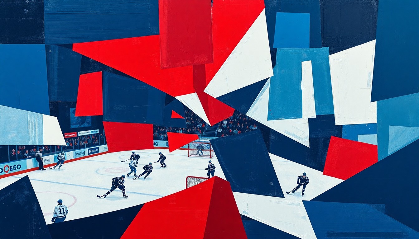 A fractured, cubist-style painting depicting a hockey game, with players and the rink broken down into sharp, overlapping geometric shapes in navy, red, and white, conveying the energy and movement of the sport.