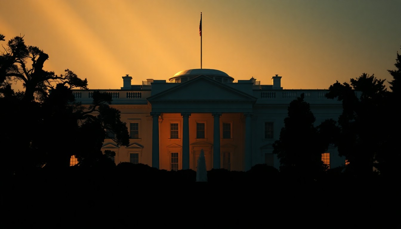 A cinematic painting of the White House partially obscured by shadows, with only the dome visible above ground, bathed in warm, diagonal sunlight, conceptually illustrating the need for enhanced security measures.