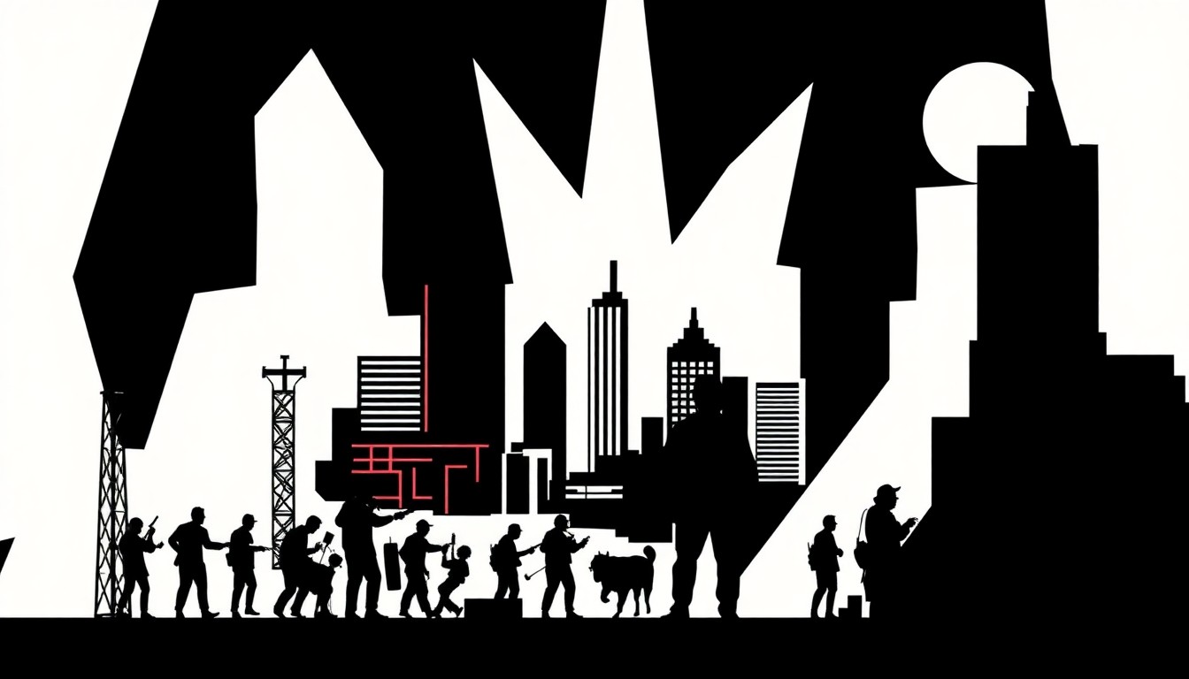 An abstract, minimalist illustration featuring bold, geometric shapes in high-contrast colors like red and white, representing the diverse range of entertainment, art, and community events happening in the San Francisco Bay Area.