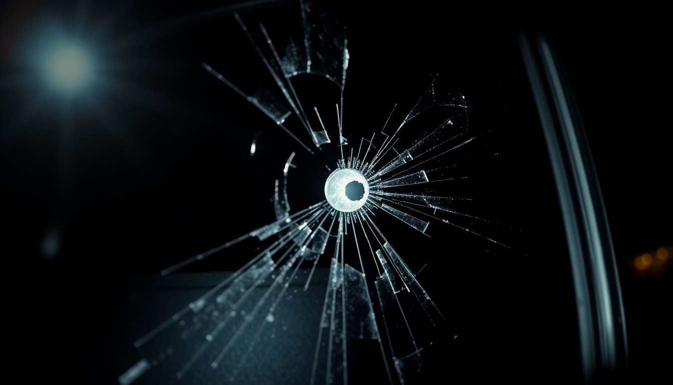 An extreme close-up photograph of a shattered car window with a single bullet hole, capturing the stark, gritty aftermath of a shooting incident in Haverhill.