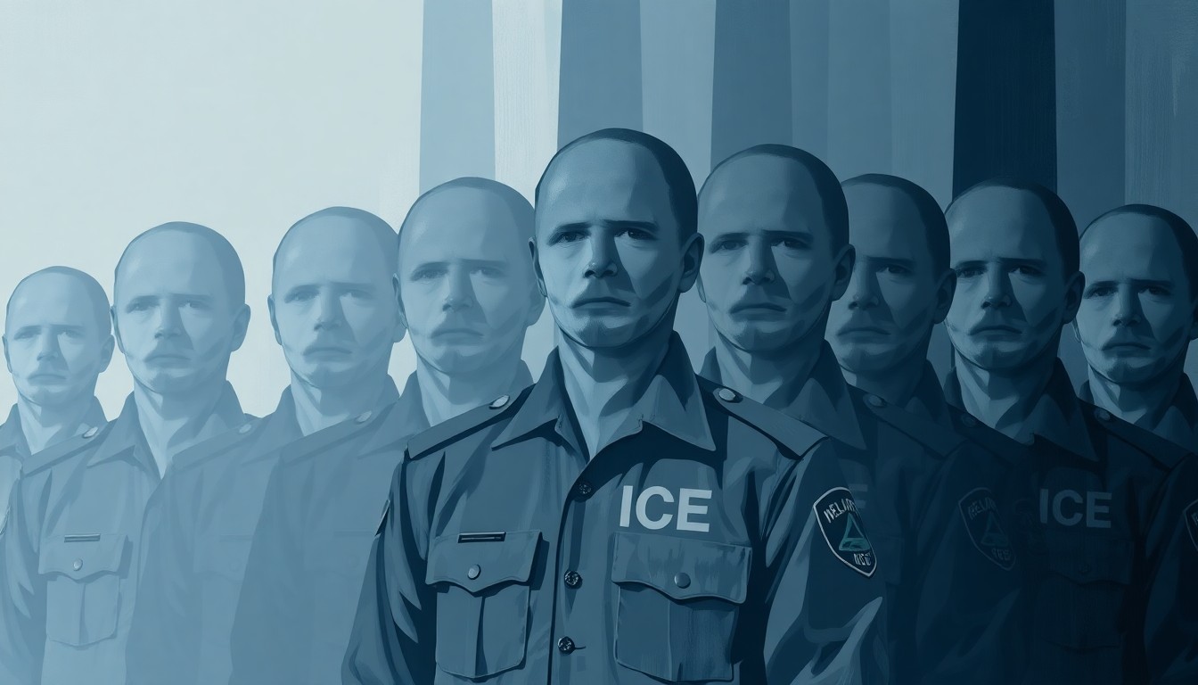 An abstract, fragmented painting depicting a faceless, uniformed figure in muted tones, conceptually representing the lack of transparency around ICE agents' identities.