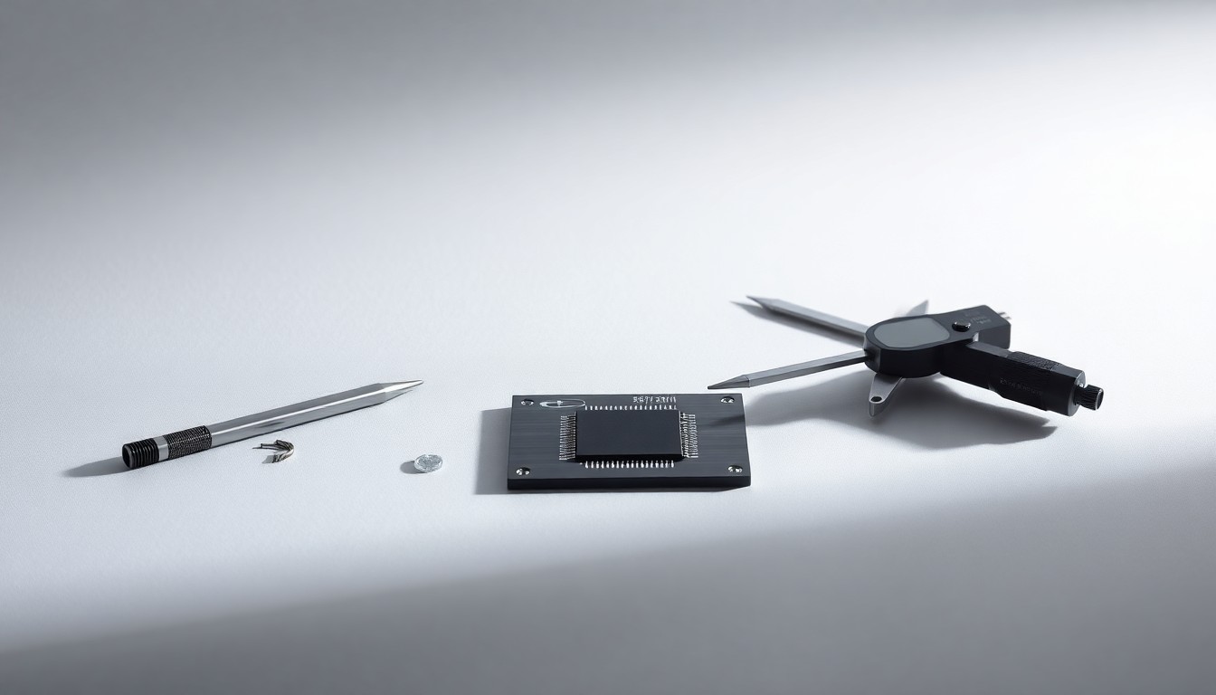 A photorealistic studio still life featuring a sleek, metallic semiconductor wafer and precision measurement tools arranged elegantly on a clean, monochromatic background, conceptually representing the corporate strategy and market forces behind Veeco Instruments' relocation.