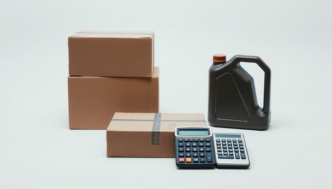 A minimalist studio still life photograph featuring a stack of shipping boxes, a fuel can, and a calculator arranged on a clean, monochromatic background, symbolizing the financial pressures facing small businesses due to rising fuel costs.
