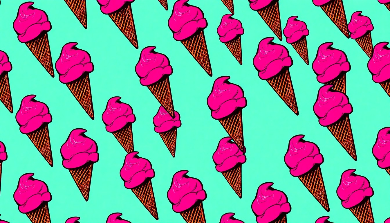 A bold, colorful silkscreen print featuring a single iconic ice cream cone repeated in a grid pattern, capturing the celebratory mood of Ziggy's Ice Cream's highly anticipated reopening.