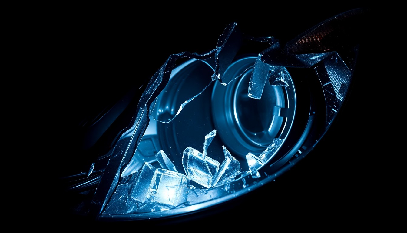 An extreme close-up photograph of a shattered car headlight lens, the broken glass and twisted metal conceptually representing the aftermath of a violent collision.