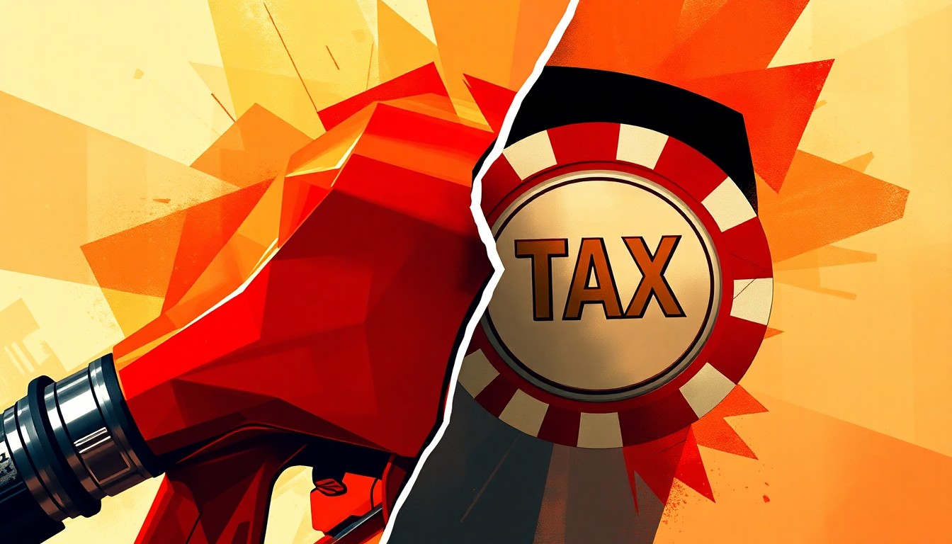 A dynamic, abstract painting featuring overlapping, geometric shapes in shades of red, orange, and yellow, conveying a sense of tension and movement around the themes of gas prices and the casino industry in Las Vegas.