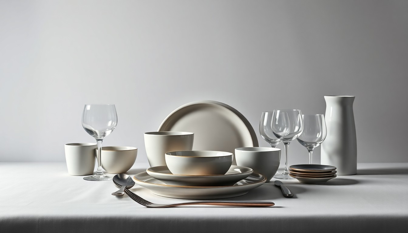 A high-end, photorealistic studio still-life photograph featuring a collection of premium glassware, ceramic dishware, and polished metal utensils arranged elegantly on a clean, monochromatic background, conceptually representing the upscale dining experience and community atmosphere of a now-shuttered local restaurant.