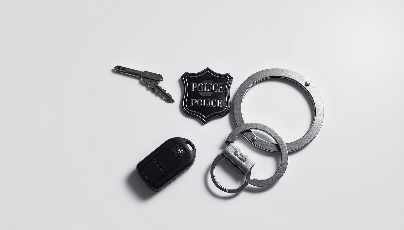A high-end, photorealistic studio still-life photograph featuring a set of car keys, a police badge, and a pair of handcuffs arranged elegantly on a clean, monochromatic background, conceptually representing the abstract concepts of law enforcement, criminal justice, and personal liberty.
