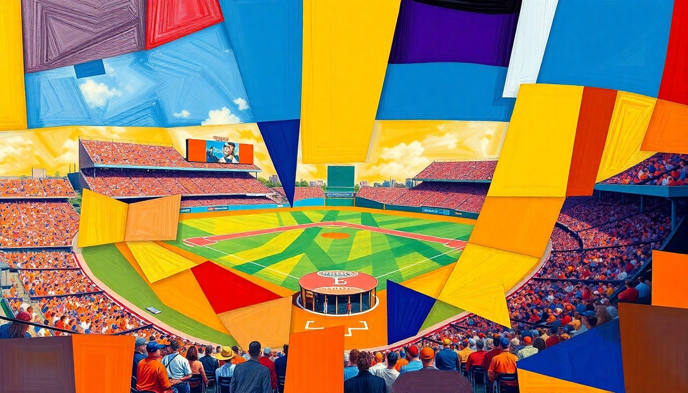 A fragmented, geometric painting in bold colors representing the dynamic action of a college baseball game between two top programs.