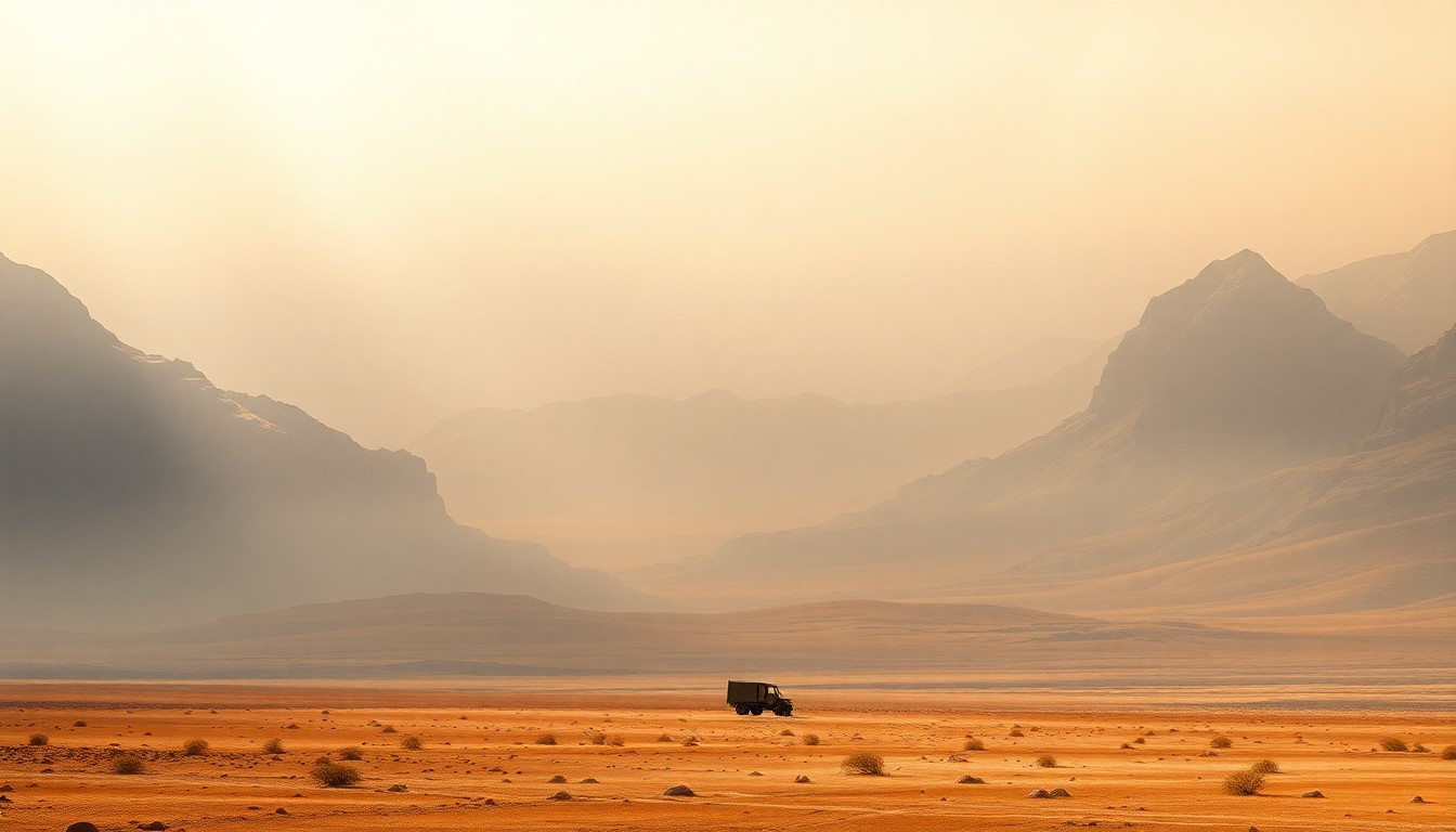 A vast, atmospheric landscape painting in muted earth tones, with a small, isolated structure barely visible in the distance, dwarfed by the expansive, hazy horizon, conveying the overwhelming scale of the natural environment and the importance of local fire safety regulations.