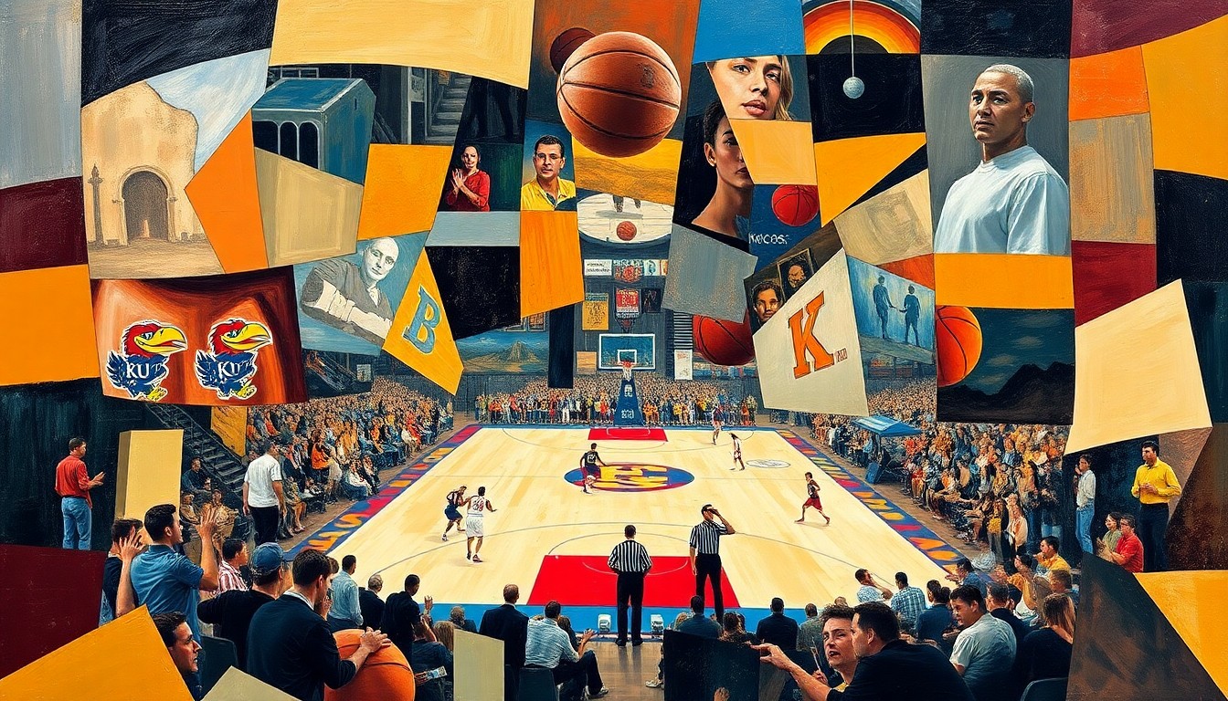 A cubist, geometric painting depicting a basketball game between two teams, with the players and court fragmented into overlapping planes of color and shape.