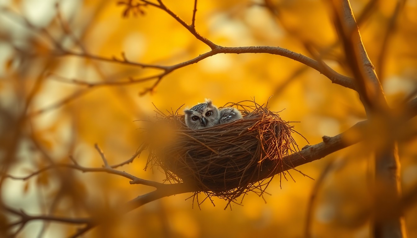 An extremely abstracted, out-of-focus photograph in warm, soft tones depicting the silhouette of a bird's nest high up in a tree branch, with a single baby owl peeking out curiously, conceptually representing the delicate rescue of a vulnerable fledgling.