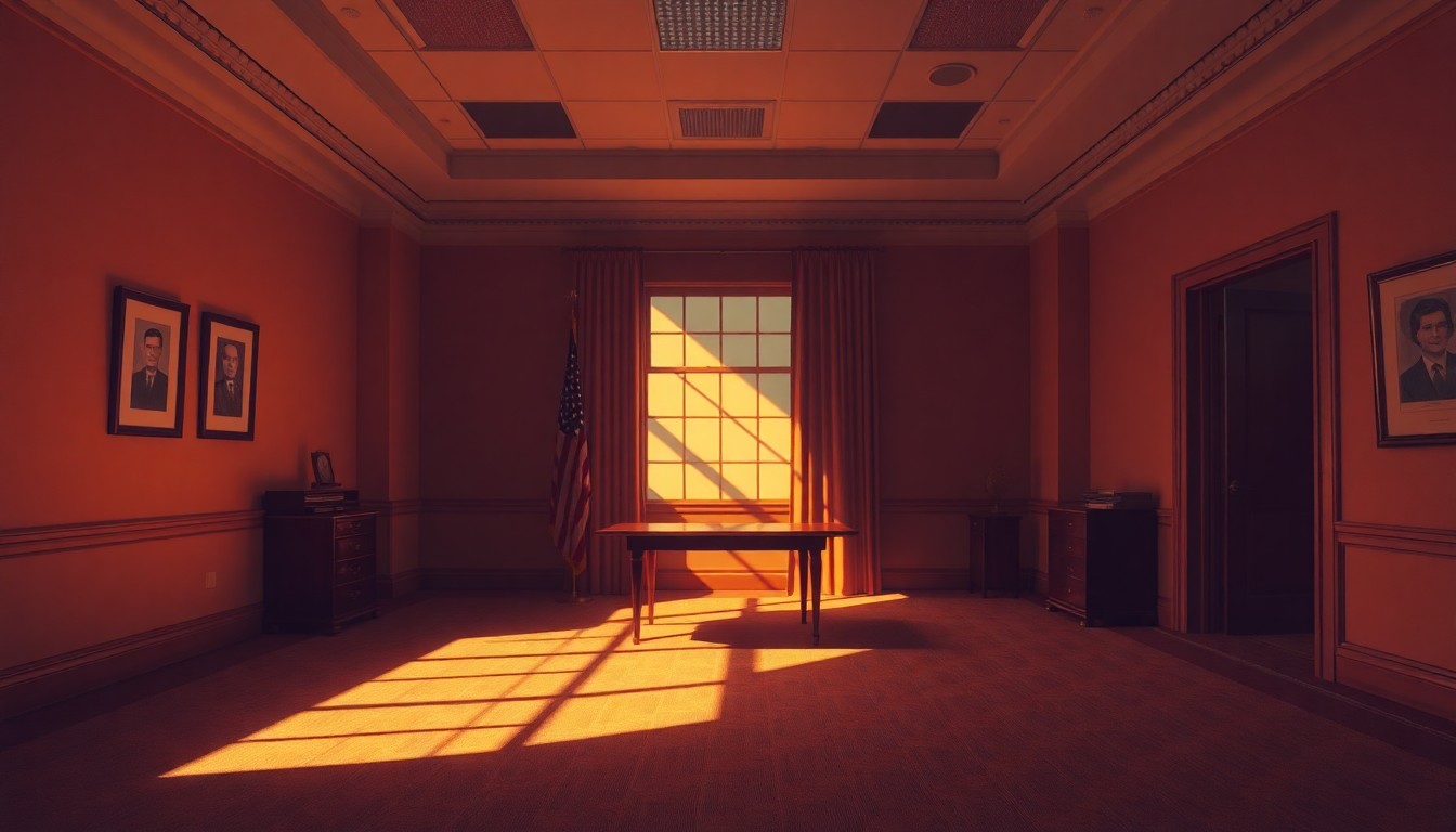 A dimly lit, cinematic painting of an empty political office space, with warm sunlight streaming in through the windows and deep shadows cast across the room, conveying a sense of contemplation and the gravity of political decisions.