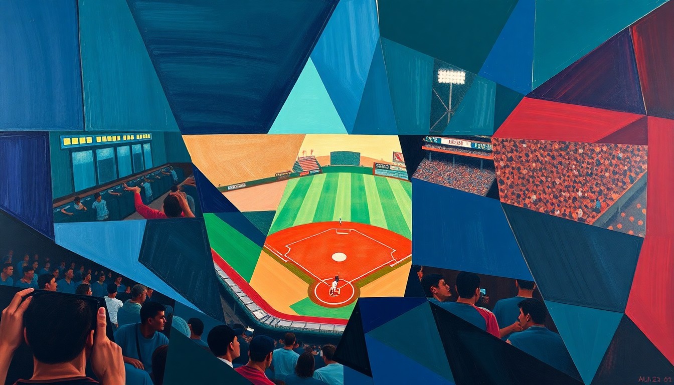 A cubist-style painting featuring sharp, overlapping geometric shapes in navy, green, and red, conveying the frantic energy and emotional intensity of a baseball game's dramatic conclusion.