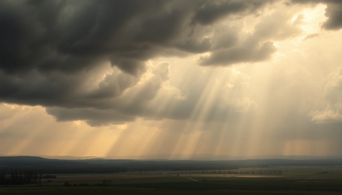A sweeping, dramatic landscape painting in muted tones of grey, blue, and green, with heavy rain clouds dominating the sky and obscuring the horizon, conveying the powerful, sublime scale of an approaching storm system.