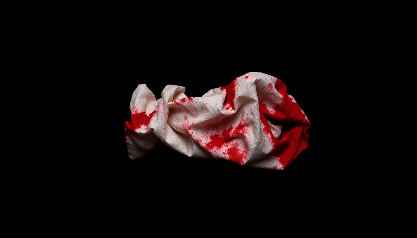 An extreme close-up photograph of a crumpled, bloodstained piece of fabric against a pitch-black background, conveying the somber and investigative nature of a violent crime scene.