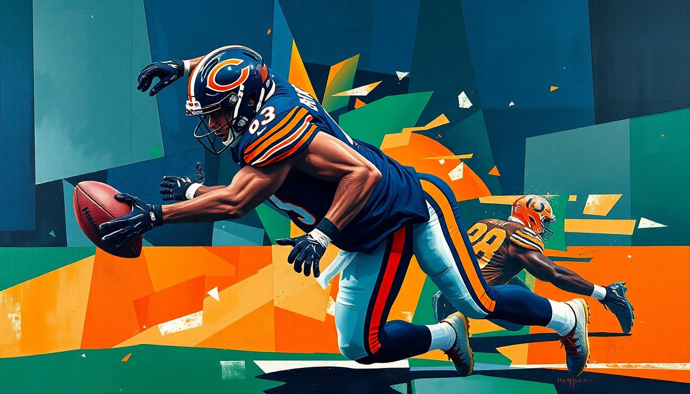 A fractured, multi-angled painting depicting the explosive movements and tackles of a football player, with sharp geometric planes in navy, orange, and green representing the dynamic action on the field.
