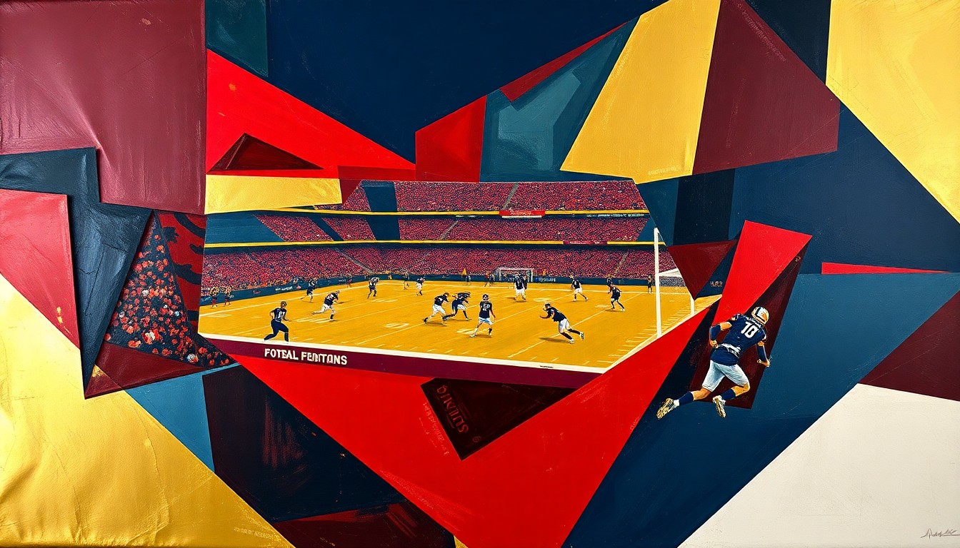 A cubist, fragmented painting depicting a football game, with sharp planes of red, blue, and gold intersecting to create a dynamic, abstract composition that captures the strategic complexity of the NFL draft.