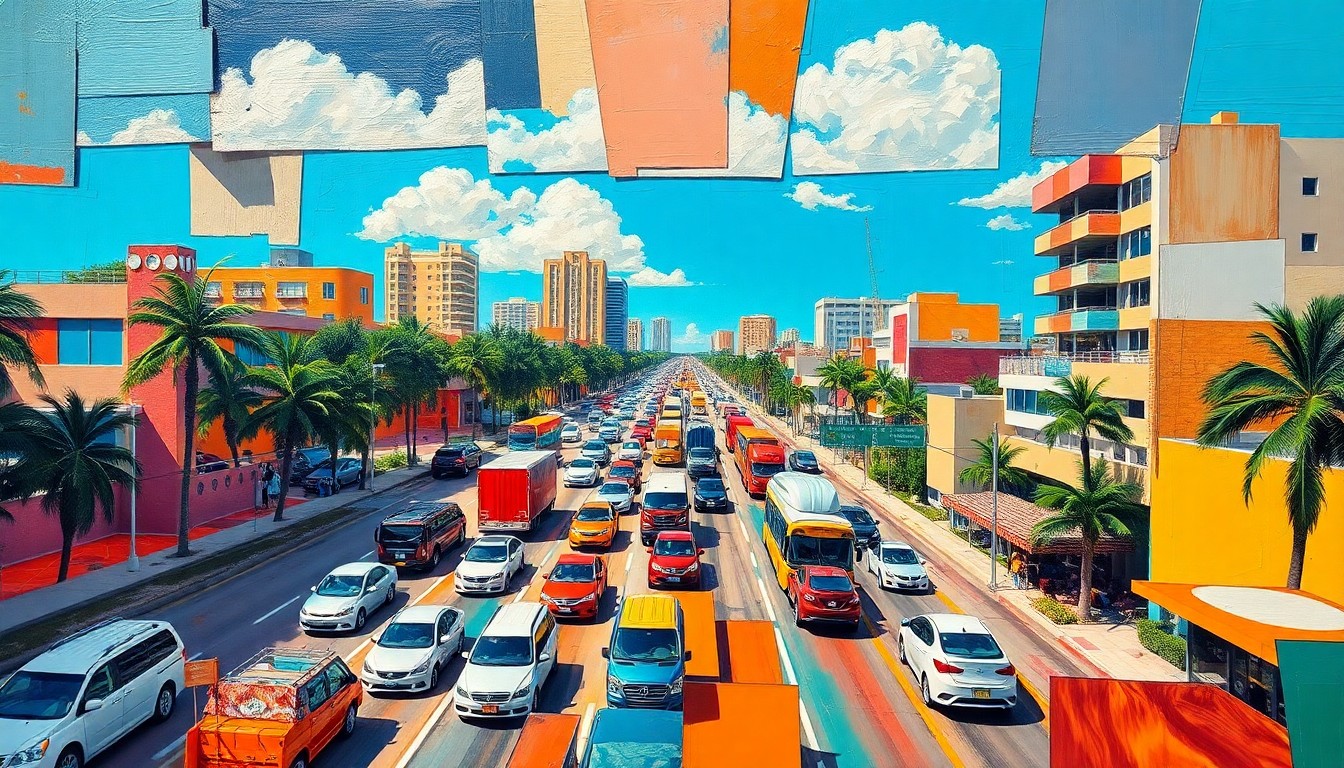 A fractured, cubist-style painting depicting a crowded Miami highway scene, with cars, buses, and pedestrians broken down into sharp, overlapping geometric shapes in a vibrant tropical color palette.