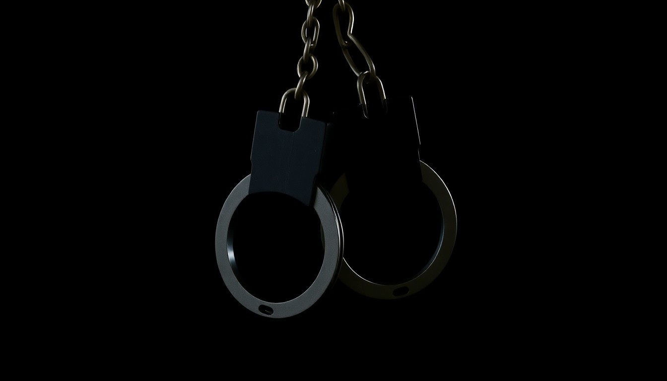An extreme close-up photograph of a pair of handcuffs against a pitch-black background, lit by a harsh, direct camera flash, conveying a sense of gritty, investigative justice without depicting any violence or victims.