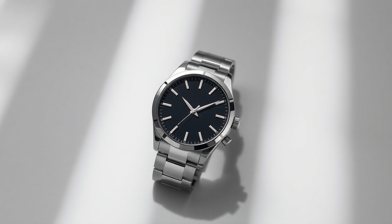 A close-up photograph of a single, polished metal luxury watch resting on a clean, monochromatic background, using dramatic studio lighting to create deep shadows and highlight the watch's premium design.