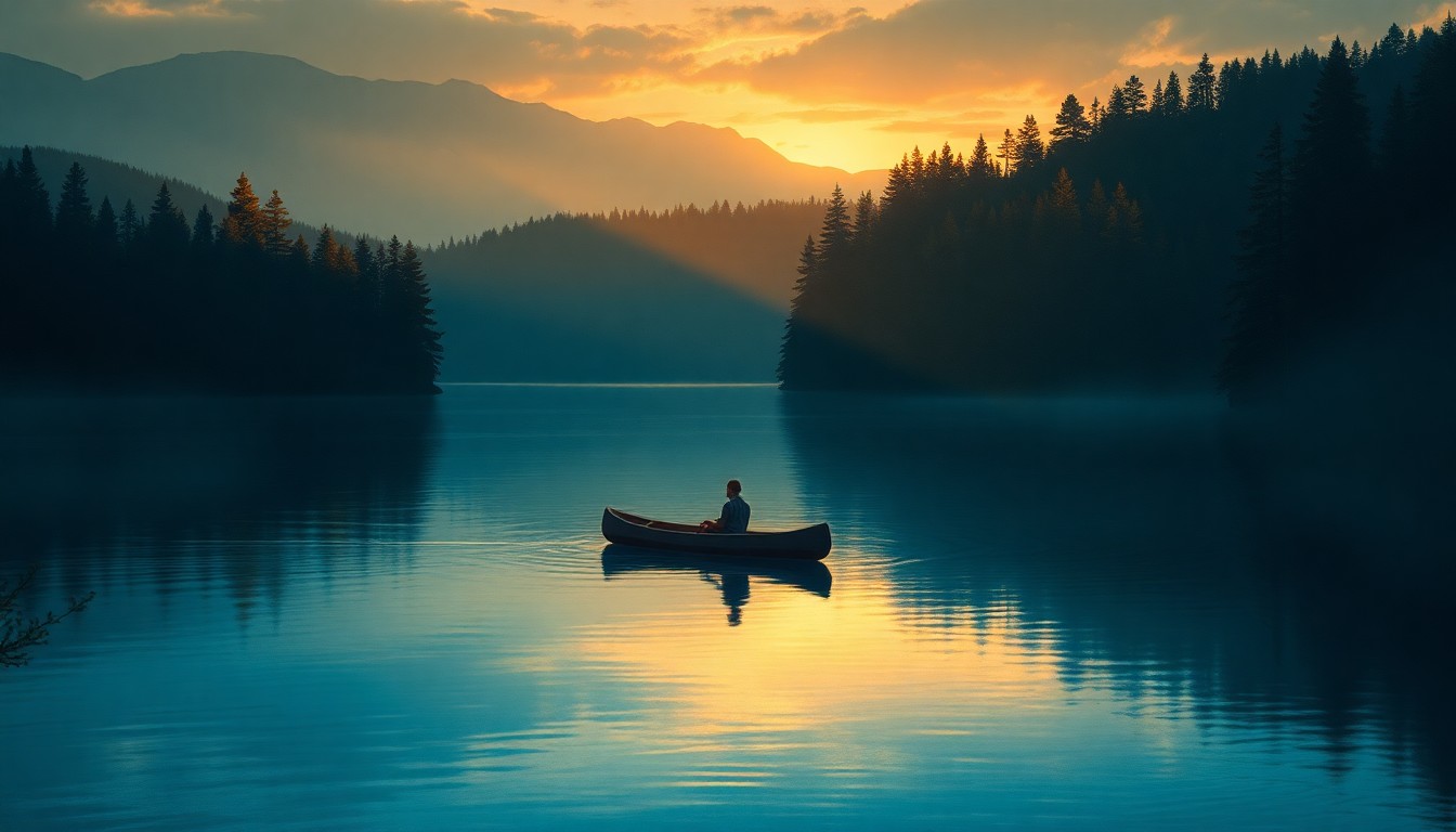 A serene oil painting depicting a lone canoe drifting on a still lake, surrounded by the dense, shadowy forests of the Boundary Waters Canoe Area Wilderness. The warm, golden light of the setting sun casts long shadows across the water, creating a sense of quiet contemplation.