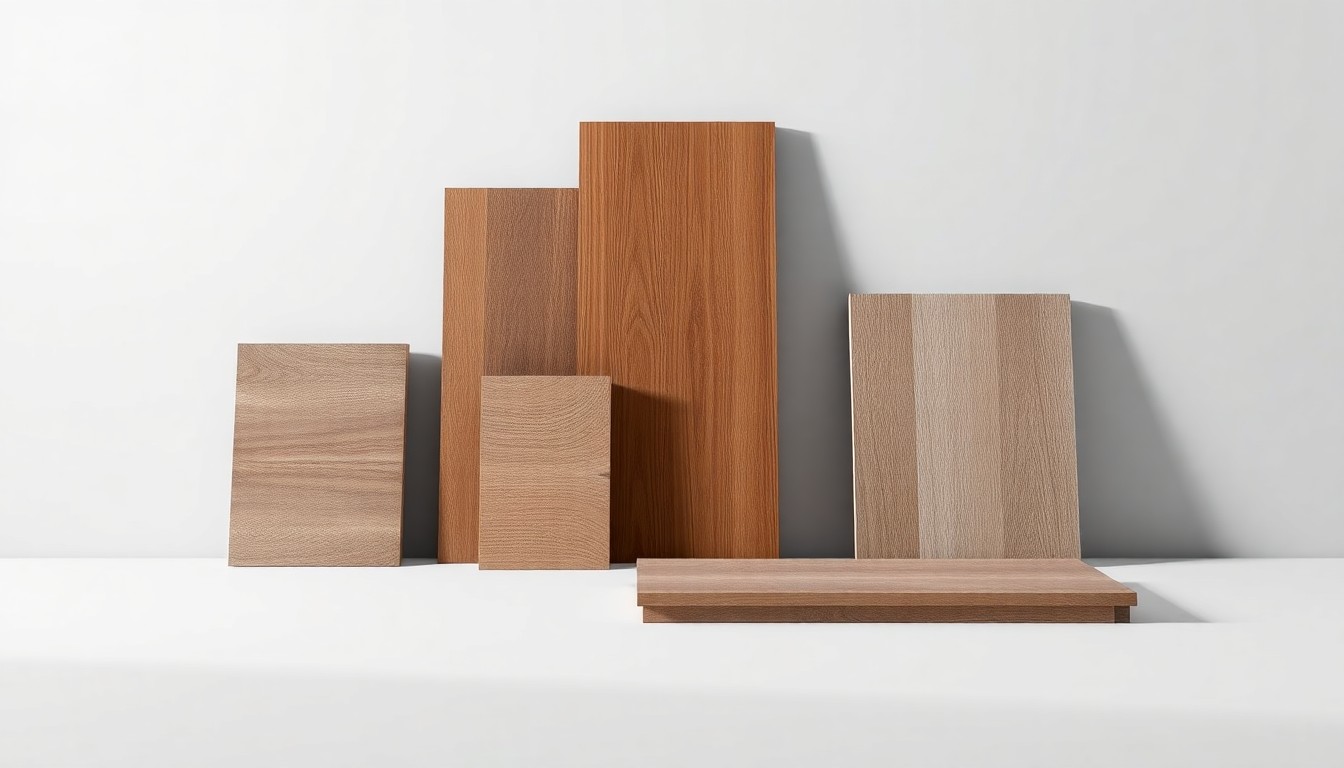 A high-end studio still life featuring a selection of polished hardwood, tile, and luxury vinyl plank flooring samples arranged elegantly on a clean, monochromatic background, conceptually representing the quality and versatility of Carpets by Otto's flooring offerings.