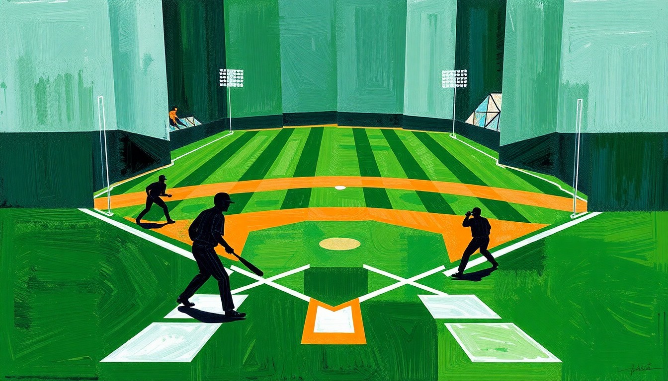 A cubist-style painting depicting the abstract shapes and angles of a college baseball game, with players' silhouettes and field elements fractured into geometric planes of green, white, and blue.