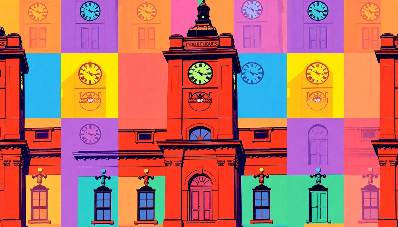 A brightly colored, high-contrast silkscreen print of a vintage courthouse clock tower, repeated in a tight grid pattern, capturing the evolution of Brown County's civic architecture.