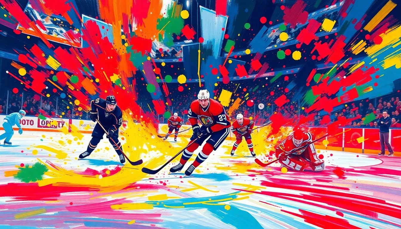An abstract, expressionist painting in vibrant neon colors, capturing the raw energy and movement of an NHL hockey game, with players and pucks dissolving into unrecognizable splatters of color.