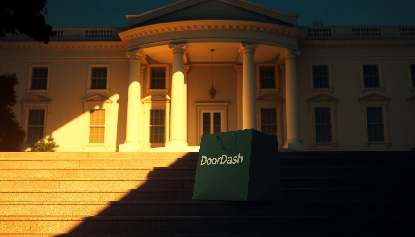 A solitary DoorDash delivery bag sits on the steps of the White House, the warm sunlight and deep shadows creating a sense of melancholy and disconnect.