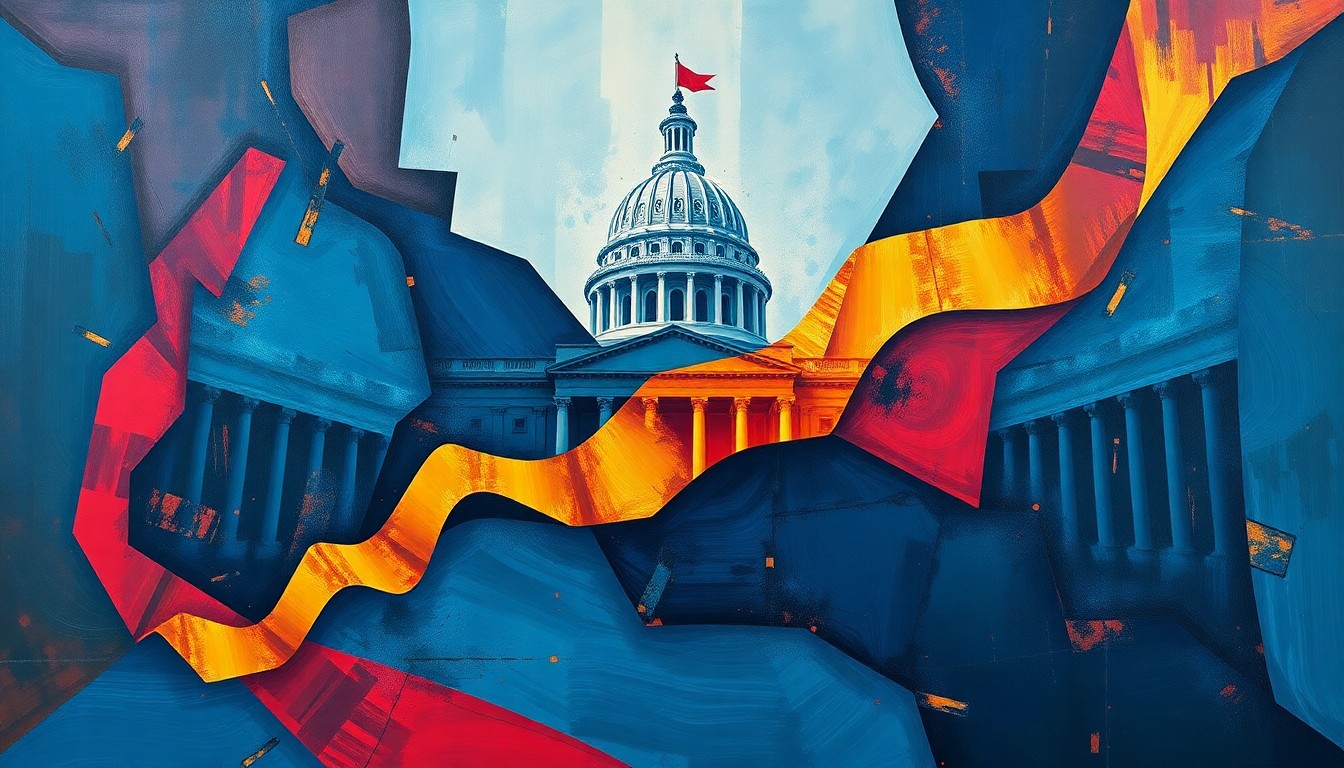 A dynamic, abstract painting featuring overlapping, fragmented shapes and lines in shades of blue, red, and gold, conveying a sense of chaos and controversy surrounding a political figure.