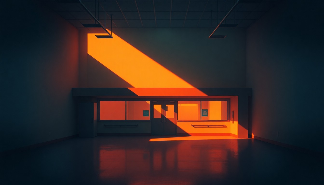 A serene, photorealistic painting of a government medical laboratory building in soft, warm lighting, conveying a sense of quiet contemplation and uncertainty about the future direction of the agency.