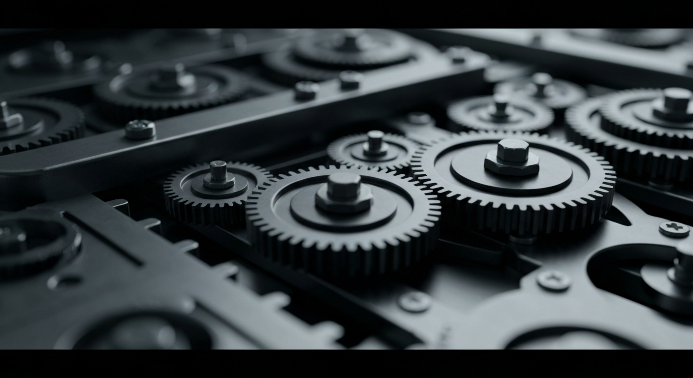 A dramatic, high-contrast close-up of the inner workings of a financial instrument, such as the gears and circuits of a stock ticker or banking computer system, representing the complex infrastructure that powers the financial markets.