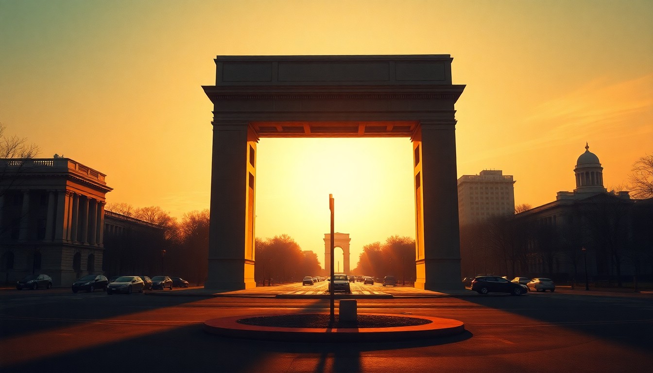 A photorealistic painting in the style of Edward Hopper depicting a massive, solitary triumphal arch structure standing in a sunlit traffic circle, with the Lincoln Memorial and other historic landmarks visible in the background.