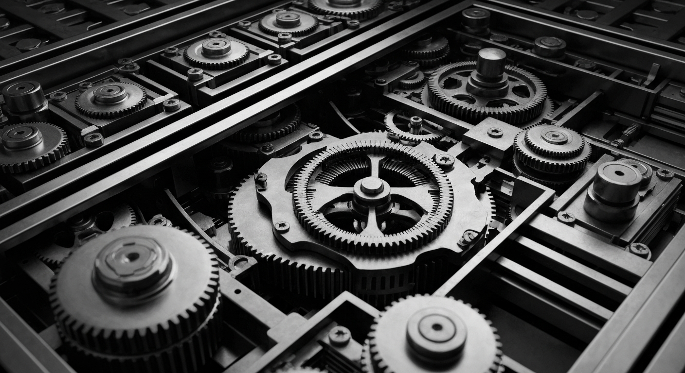 An extreme close-up of the inner workings of a high-tech booking and reservation system, with intricate metal components and gears filling the frame in a heavy, industrial style that conveys the complex infrastructure powering the global travel industry.