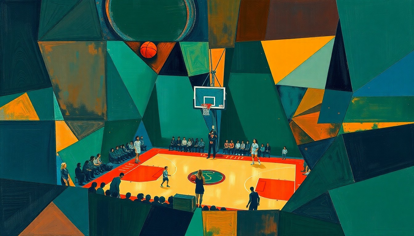 A fragmented, cubist-style painting depicting the dynamic movements and energy of a women's basketball game, with sharp geometric shapes in navy, green, and orange hues.