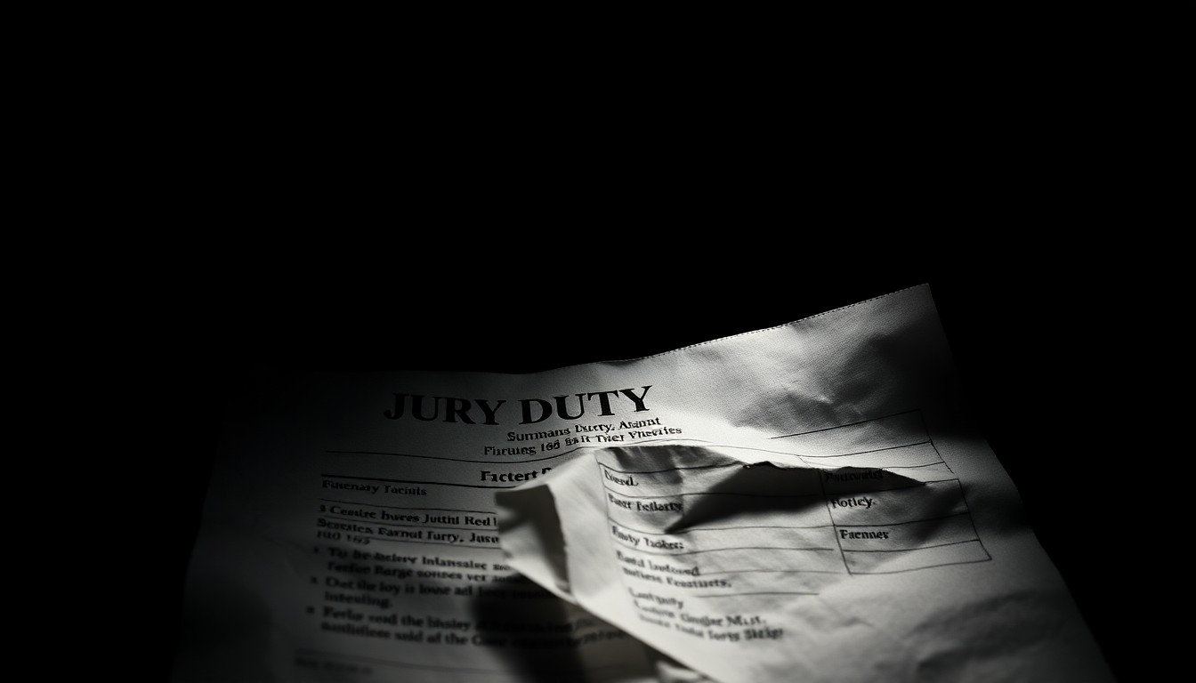 An extreme close-up of a crumpled jury duty form reflecting a harsh, direct camera flash, conceptually illustrating the unsettling nature of a phone scam targeting civic duty obligations.