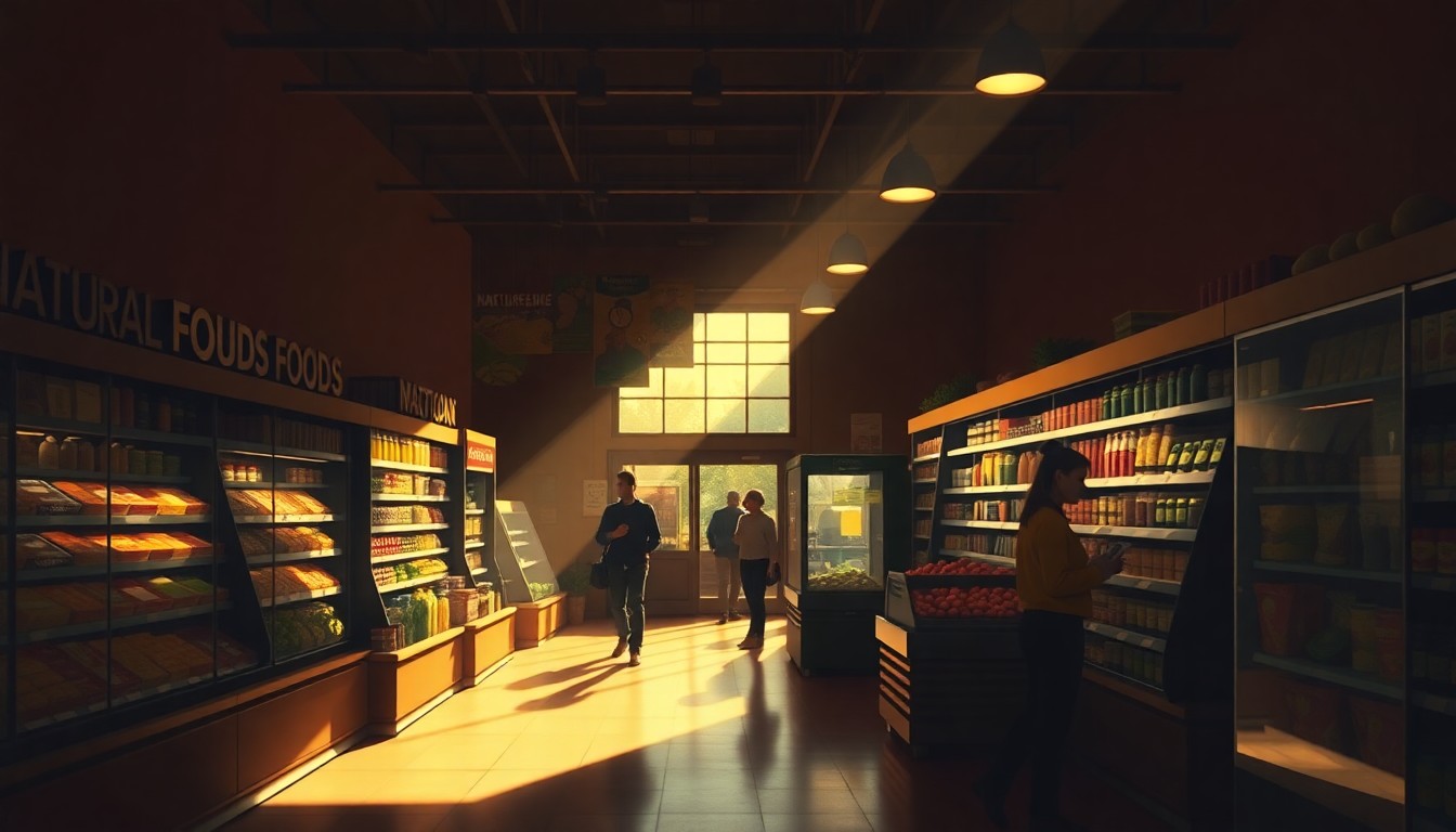A warm, nostalgic painting of the interior of a natural foods grocery store, with customers browsing the shelves under pools of golden sunlight, conceptually representing the enduring community spirit of a long-running independent business.